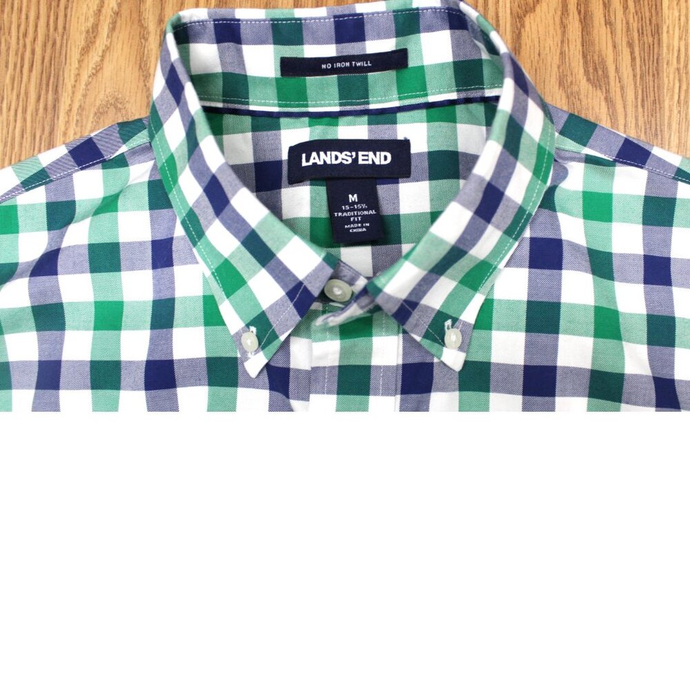 LANDS' END TRADITIONAL FIT 100% COTTON SHIRT GREEN/NAVY/WHITE PLAID MEDIUM, M